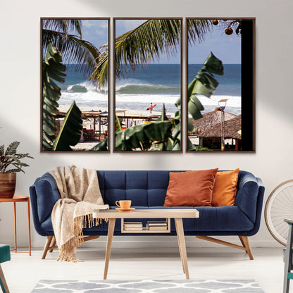 34722557-MGV-CV-36X24-Tropical Shoreline Wall Art Canvas Print, Framed Surfer Beach Art Picture Print, Coastal Surf Perfect Tropical Coastal Decor