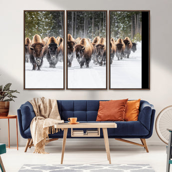 22695857-MGV-CV-36X24-Bison Herd Scene Wall Art Canvas Print, Framed Western Wildlife Art Picture Print, Rustic Animal Art Perfect Rustic Lodge Decor