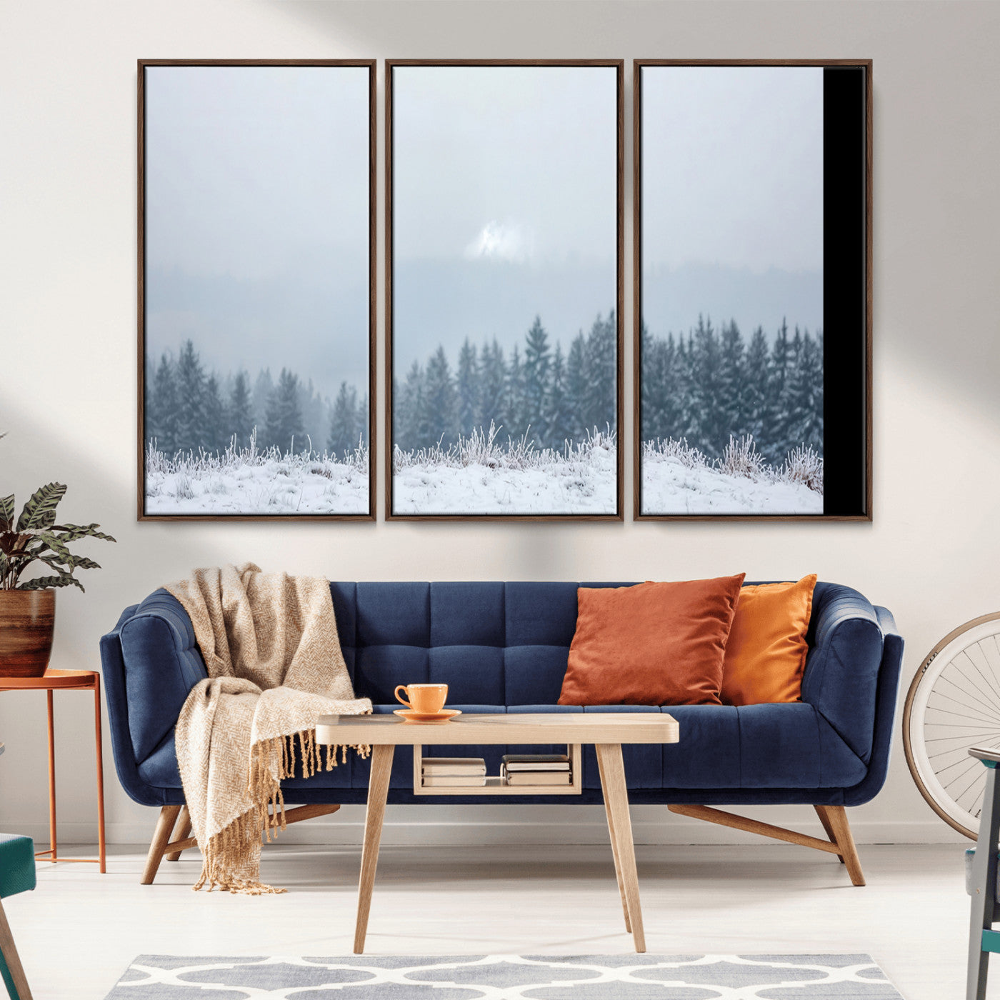 33033082-MGV-CV-36X24-Winter Forest Art Wall Art Canvas Print, Framed Snowy Landscape Art Picture Print, Misty Tree Scene Perfect Nordic Minimalist