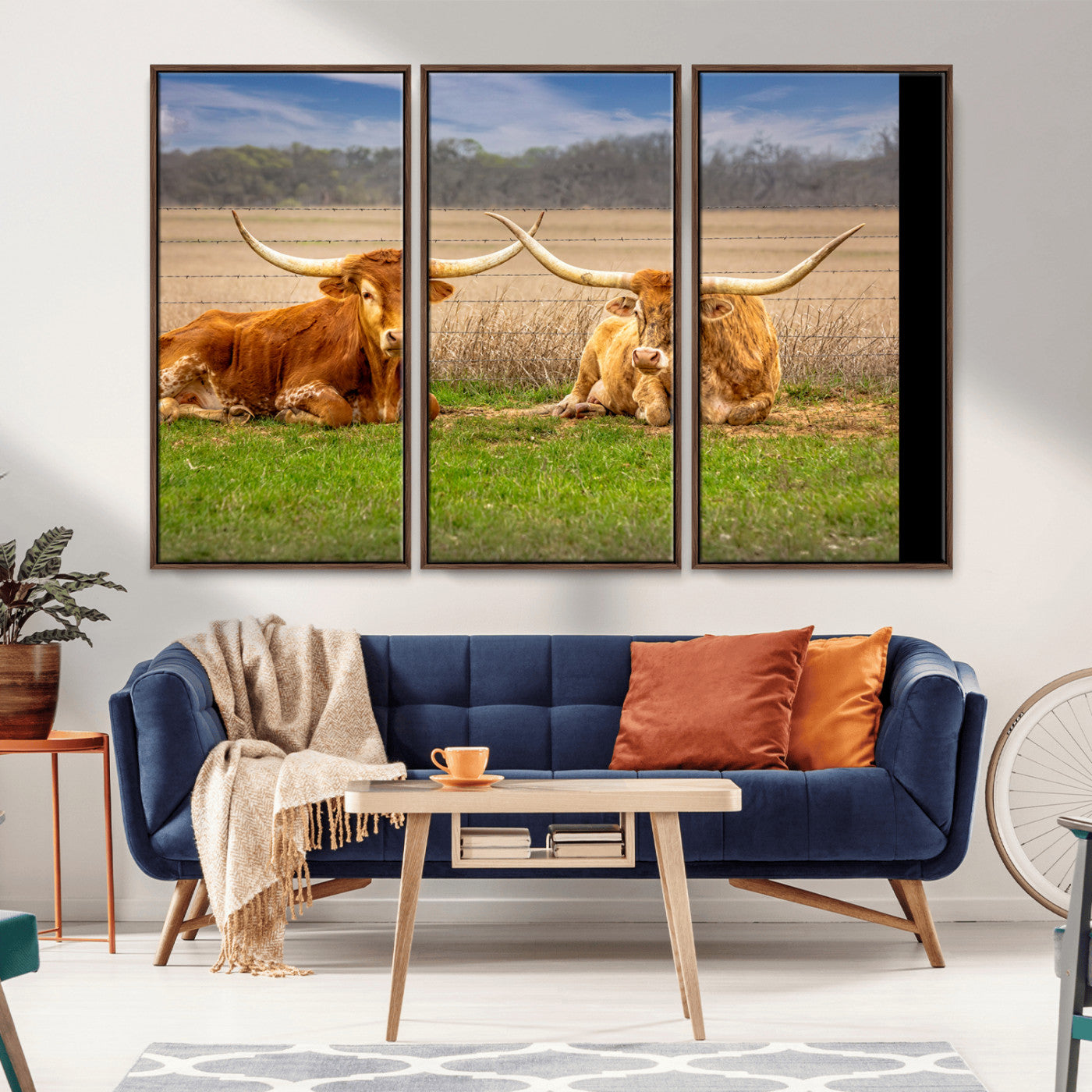 97244565-MGV-CV-36X24-Longhorn Duo Wall Art Canvas Print, Framed Cozy Ranch Vibes Art Picture Print, Western Ranch Decor Perfect Rustic Farmhouse Decor