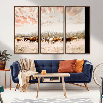 43704663-MGV-CV-36X24-Country Cow Herd Wall Art Canvas Print, Framed Farmhouse Cattle Scene Art Picture Print, Rustic Ranch Decor Perfect Rustic
