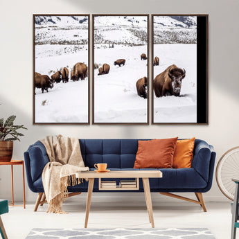 13891210-MGV-CV-36X24-Bison Herd Scene Wall Art Canvas Print, Framed Western Wildlife Decor Art Picture Print, Snowy Mountain Valley Perfect Rustic