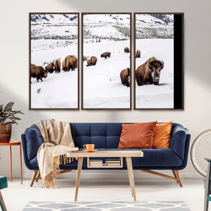 13891210-MGV-CV-36X24-Bison Herd Scene Wall Art Canvas Print, Framed Western Wildlife Decor Art Picture Print, Snowy Mountain Valley Perfect Rustic