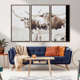48161868-MGV-CV-36X24-Longhorn Cow Decor Wall Art Canvas Print, Framed Rustic Cattle Art Picture Print, Sepia Western Vibe Perfect Neutral Rustic