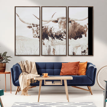 48161868-MGV-CV-36X24-Longhorn Cow Decor Wall Art Canvas Print, Framed Rustic Cattle Art Picture Print, Sepia Western Vibe Perfect Neutral Rustic