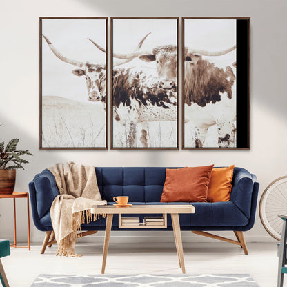 48161868-MGV-CV-36X24-Longhorn Cow Decor Wall Art Canvas Print, Framed Rustic Cattle Art Picture Print, Sepia Western Vibe Perfect Neutral Rustic