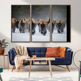 41669135-MGV-CV-36X24-Bison Herd Scene Wall Art Canvas Print, Framed Rustic Wildlife Decor Art Picture Print, Snowy Bison Landscape Perfect Rustic