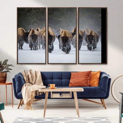 41669135-MGV-CV-36X24-Bison Herd Scene Wall Art Canvas Print, Framed Rustic Wildlife Decor Art Picture Print, Snowy Bison Landscape Perfect Rustic