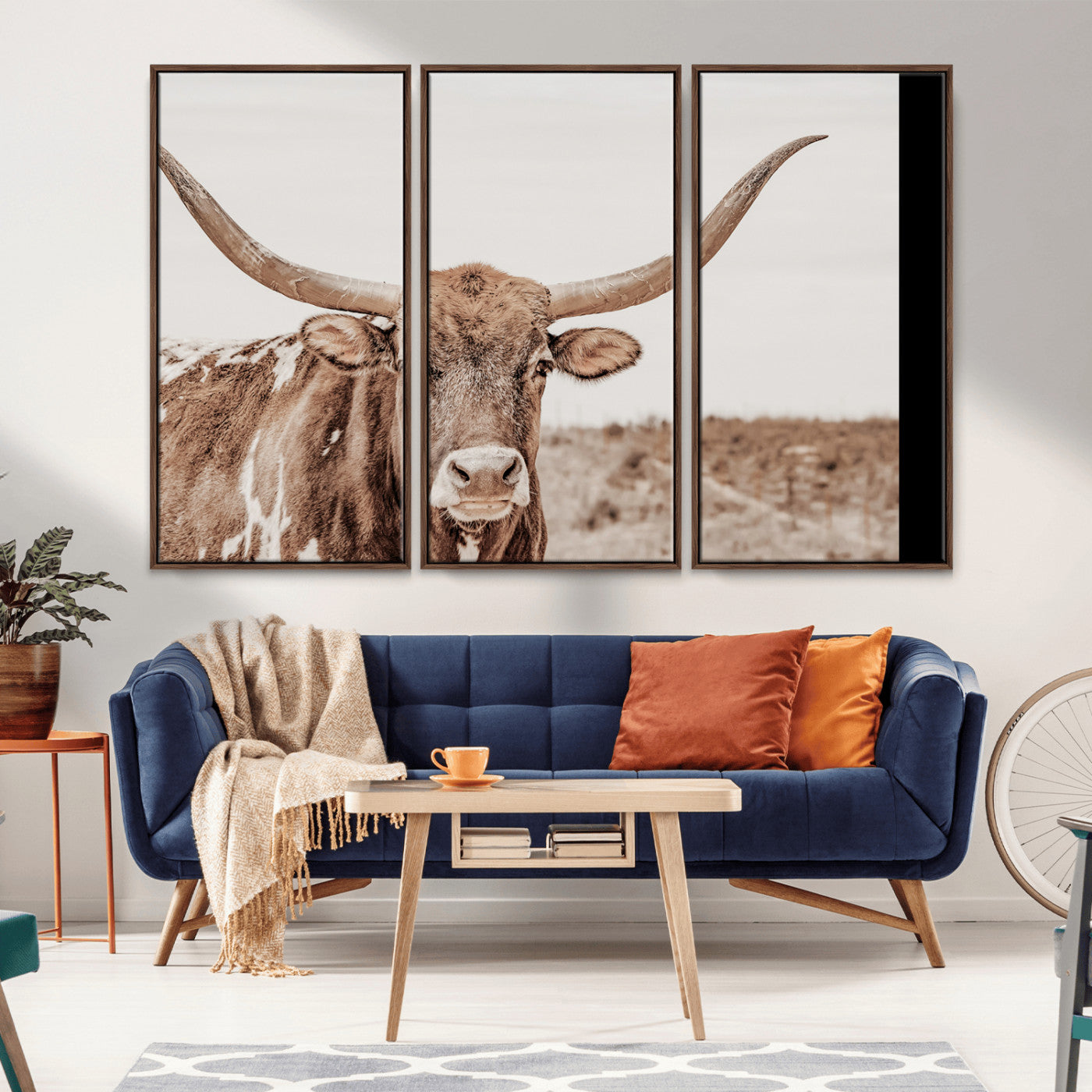 77810049-MGV-CV-36X24-Longhorn Bull Photo Wall Art Canvas Print, Framed Rustic Cow Decor Art Picture Print, Neutral Farmhouse Style Perfect Rustic