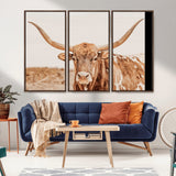 74406977-MGV-CV-36X24-Longhorn Bull Decor Wall Art Canvas Print, Framed Western Cow Theme Art Picture Print, Rustic Farmhouse Wall Perfect Neutral