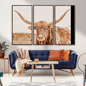 74406977-MGV-CV-36X24-Longhorn Bull Decor Wall Art Canvas Print, Framed Western Cow Theme Art Picture Print, Rustic Farmhouse Wall Perfect Neutral