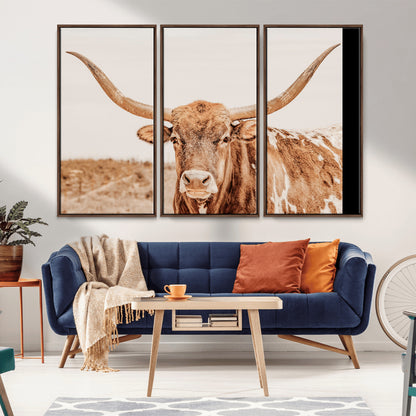 74406977-MGV-CV-36X24-Longhorn Bull Decor Wall Art Canvas Print, Framed Western Cow Theme Art Picture Print, Rustic Farmhouse Wall Perfect Neutral