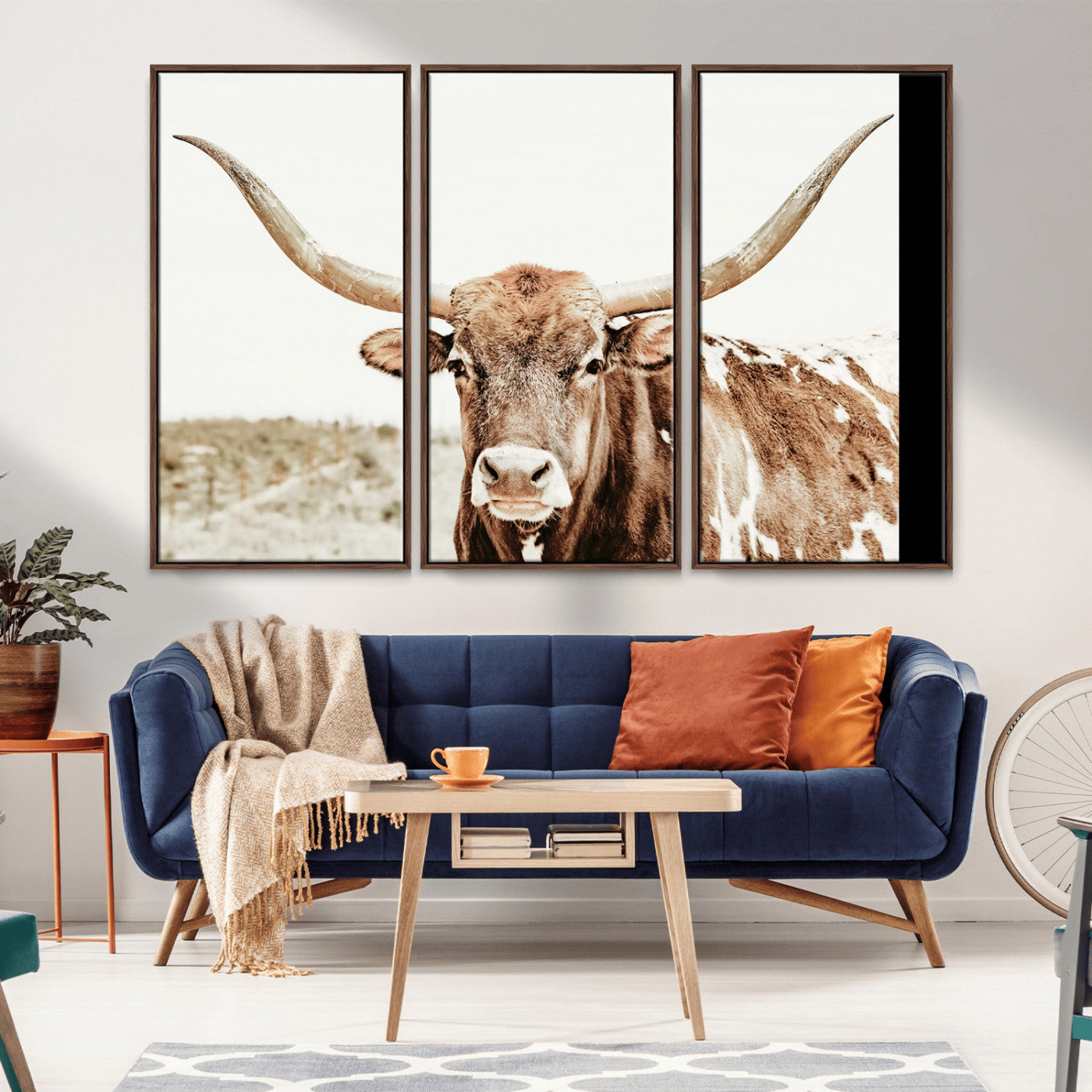 98924580-MGV-FC-48X32-3P_Walnut-Texas Longhorn Bull Wall Art Canvas Print, Framed Rustic Farmhouse Decor Art Picture Print, Western Animal Theme Perfect Rustic