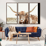 98924580-MGV-FC-48X32-3P_Walnut-Texas Longhorn Bull Wall Art Canvas Print, Framed Rustic Farmhouse Decor Art Picture Print, Western Animal Theme Perfect Rustic