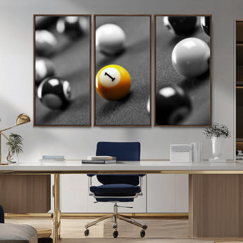 52108-MGV-CV-36X24-Precision Pool Table Wall Art – Close Up Yellow 1 Ball Canvas Print, Hand-Played Billiards Game Decor for Office, Game Room, or