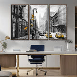 32362-MGV-CV-36X24-NYC Street Wall Art – Black and White Cityscape with Yellow Taxis and Umbrella Canvas Print, Urban Home Decor for Living Room or