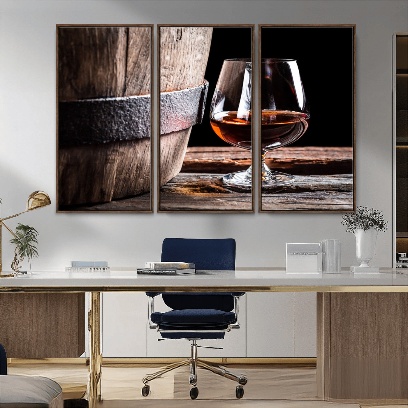 50839-MGV-CV-36X24-Barrel & Brandy Wall Art – Rustic Whiskey Barrel and Brandy Glass Canvas Print, Elegant Home Bar or Lounge Decor for Office, Man