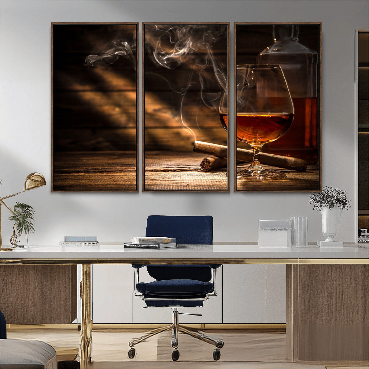 92305-MGV-FC-48X32-3P_Walnut-Whiskey & Cigar Wall Art – Moody Whiskey and Cigar Canvas Print, Sophisticated Bar or Home Lounge Decor for Office, Man Cave or