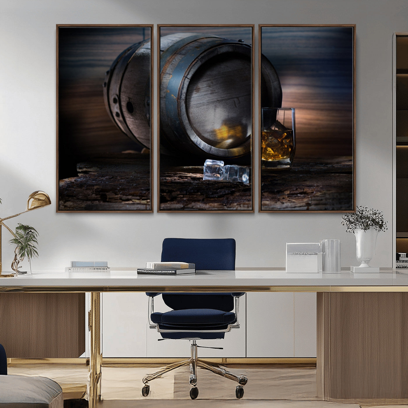 78049-MGV-CV-36X24-Whiskey Barrel Wall Art – Rustic Whiskey Barrel and Glass with Ice Canvas Print, Classic Bar or Lounge Decor for Home, Office, or