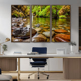 98096-MGV-CV-36X24-Serene River Waterfall Nature Photo – Calm Clear Water, Vibrant Green Forest and Smooth Stones Landscape Wall Art for Home or