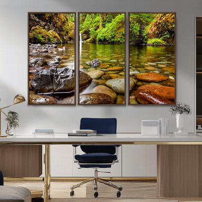 98096-MGV-CV-36X24-Serene River Waterfall Nature Photo – Calm Clear Water, Vibrant Green Forest and Smooth Stones Landscape Wall Art for Home or