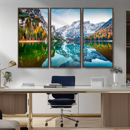 10402-MGV-CV-36X24-Snowy Mountain Lake Wall Art – Autumn Landscape Canvas Print with Reflection, Nature Decor for Living Room, Office, Bedroom or