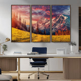 83947-MGV-FC-48X32-3P_Walnut-Sunset Mountain Landscape Wall Art – Panoramic Alpine Meadow and Snow Capped Peaks Canvas Print, Nature Scenic Decor for Home,