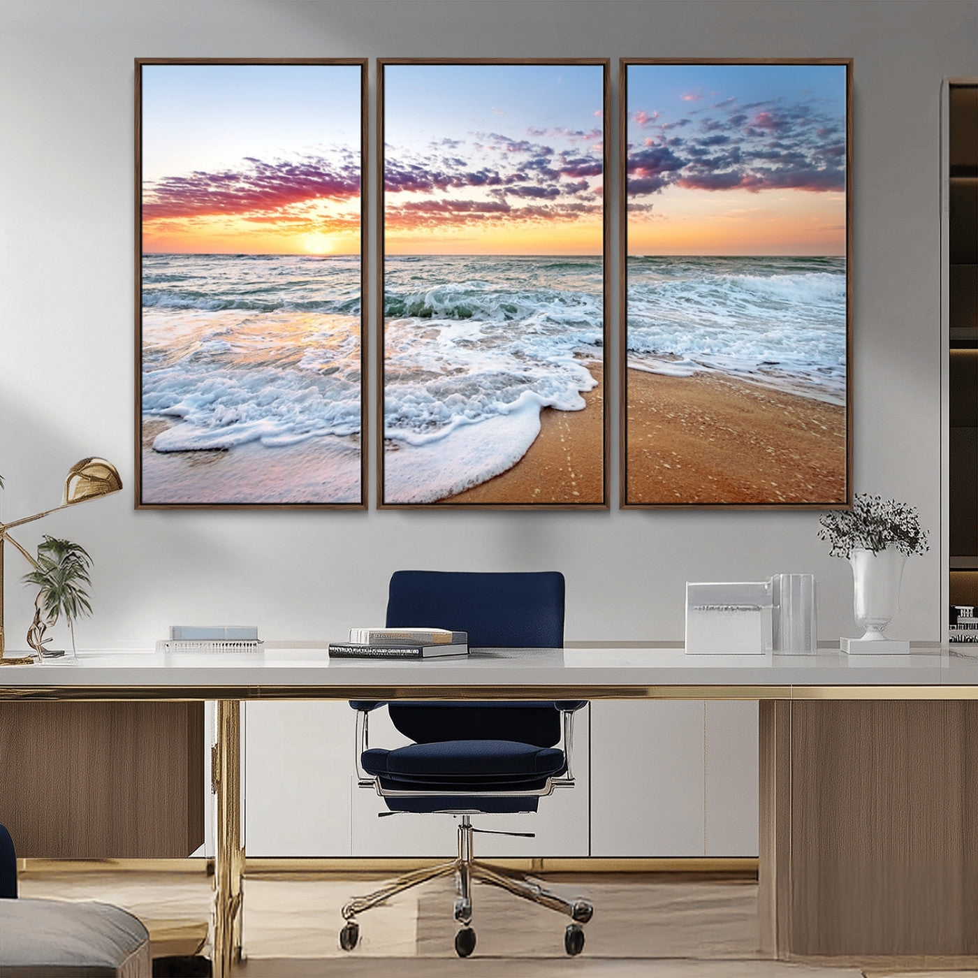 39560-MGV-FC-48X32-3P_Walnut-Sunrise Beach Wall Art – Vibrant Ocean Waves and Golden Sand Canvas Print, Seaside Coastal Decor for Living Room, Bedroom or