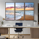 39560-MGV-FC-48X32-3P_Walnut-Sunrise Beach Wall Art – Vibrant Ocean Waves and Golden Sand Canvas Print, Seaside Coastal Decor for Living Room, Bedroom or