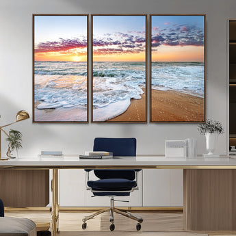 39560-MGV-FC-48X32-3P_Walnut-Sunrise Beach Wall Art – Vibrant Ocean Waves and Golden Sand Canvas Print, Seaside Coastal Decor for Living Room, Bedroom or