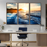 86173-MGV-CV-36X24-Golden Sunset Beach Wall Art – Reflective Ocean Canvas Print with Mountains and Waves, Coastal Nature Decor for Living Room,