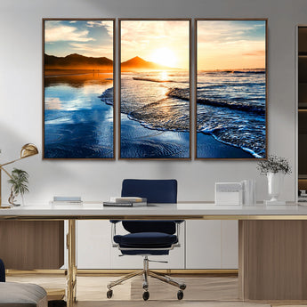 86173-MGV-CV-36X24-Golden Sunset Beach Wall Art – Reflective Ocean Canvas Print with Mountains and Waves, Coastal Nature Decor for Living Room,