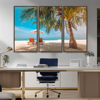 69754-MGV-CV-36X24-Tropical Beach Wall Art – Relaxing Palm Tree and Lounge Chairs Canvas Print, Serene Coastal Decor for Living Room, Bedroom, Office