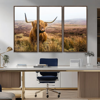 79391-MGV-CV-36X24-Majestic Highland Cow in Misty Scottish Moorland – Rustic Natural Charm, Perfect for Unique Home or Office Decor