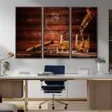 41139-MGV-CV-36X24-Whiskey and Cigar Still Life – Glasses with Ice and Pouring Amber Drink on Wooden Table with Smoke, Elegant Bar or Lounge Wall
