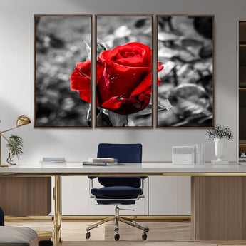 84671-MGV-CV-36X24-Red Rose Wall Art – Vibrant Single Bloom Canvas Print with Black and White Background, Elegant Floral Decor for Living Room,