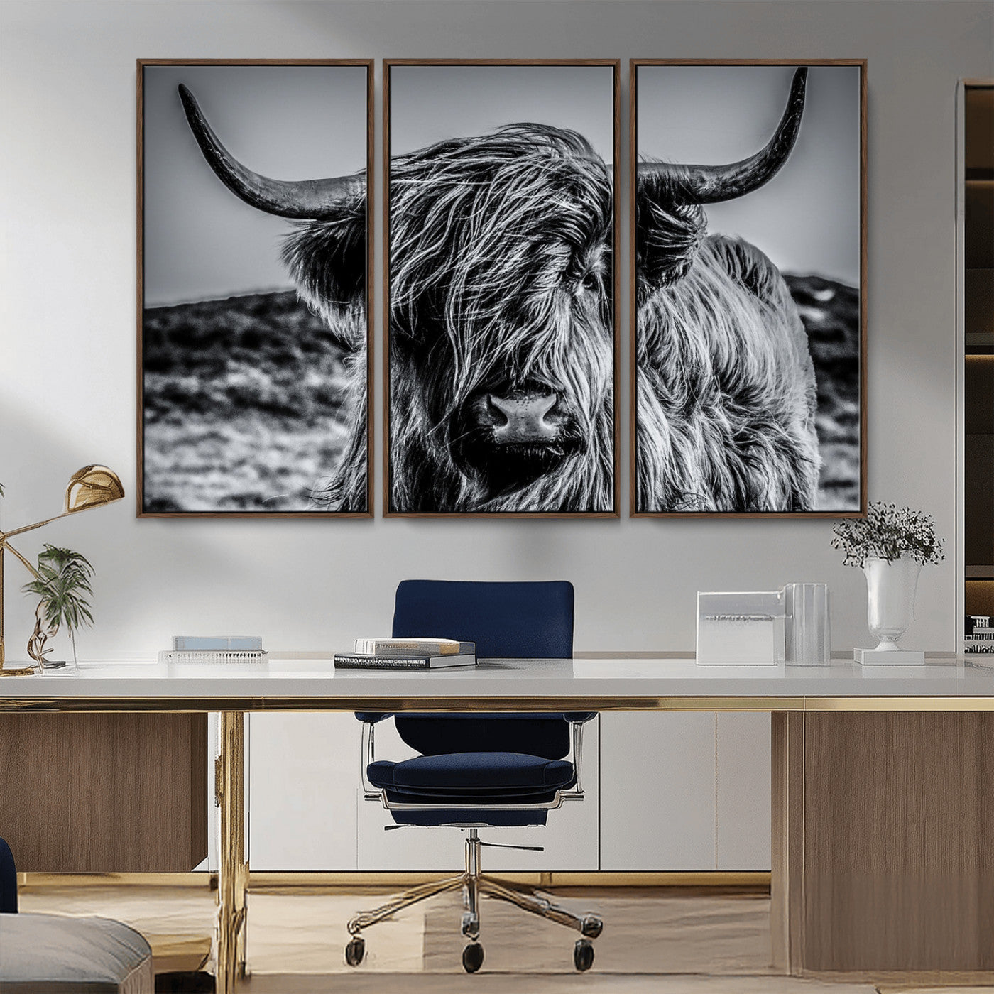 97372-MGV-CV-36X24-Elegant Highland Cow Wall Art – Black and White Canvas Print, Rustic Nature Decor for Home, Office, Living Room or Man Cave
