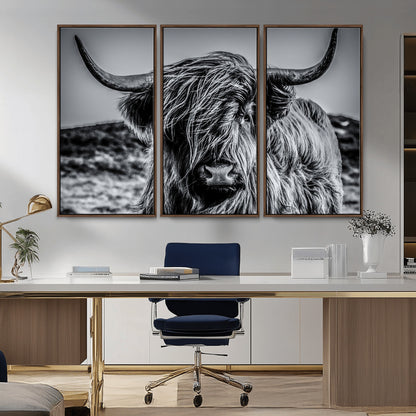 97372-MGV-CV-36X24-Elegant Highland Cow Wall Art – Black and White Canvas Print, Rustic Nature Decor for Home, Office, Living Room or Man Cave