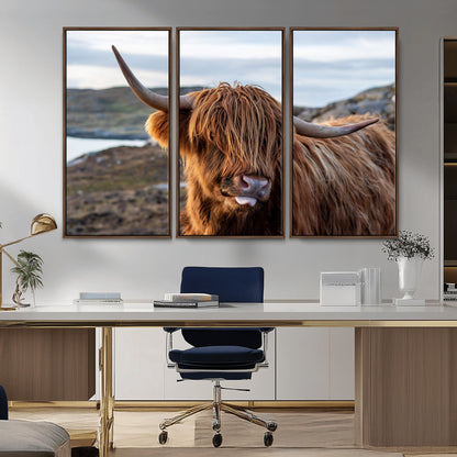 71222-MGV-CV-36X24-A playful Highland cow with shaggy fur sticks out its tongue, set against a rugged landscape — perfect for quirky home or office