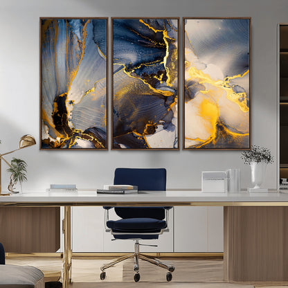 42100-MGV-CV-36X24-Golden Flow Abstract Wall Art – Panoramic Modern Blue and Gold Canvas Print, Contemporary Artistic Decor for Home, Office