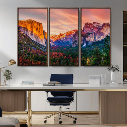 24519-MGV-CV-36X24-Yosemite Valley Sunset Wall Art – Majestic Mountain Landscape with Waterfall and Vibrant Sky, Nature Photography for Home or