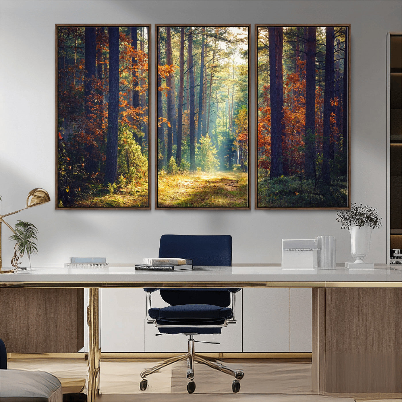 86249-MGV-CV-36X24-Sunlit Autumn Forest Path Wall Art – Peaceful Nature Scene with Fall Foliage, Calming Woods Decor for Home or Office