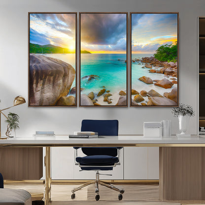 23769-MGV-CV-36X24-Tropical Beach Sunset Wall Art – Ocean Waves and Rocky Shore Canvas Print, Coastal Seascape Photography Decor