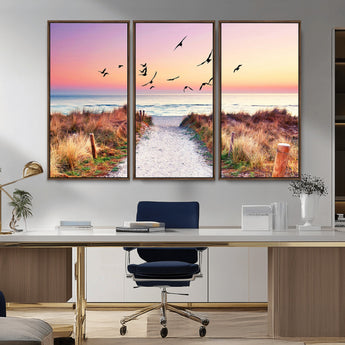 54411-MGV-CV-36X24-Beach Path with Birds Wall Art – Coastal Sunset Ocean Canvas Print, Seaside Nature Landscape Photography for Living Room, Bedroom