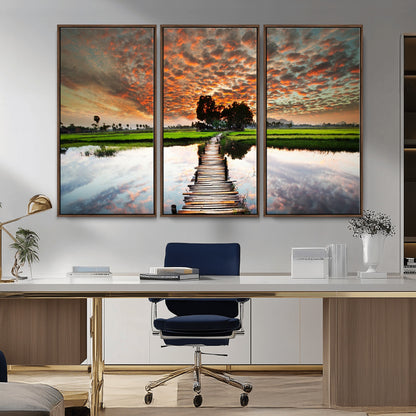 29105-MGV-CV-36X24-Rustic Wooden Bridge Wall Art – Scenic Sunset Over Rice Fields and Reflective Water Canvas Print, Nature Landscape Decor for