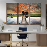 29105-MGV-CV-36X24-Rustic Wooden Bridge Wall Art – Scenic Sunset Over Rice Fields and Reflective Water Canvas Print, Nature Landscape Decor for