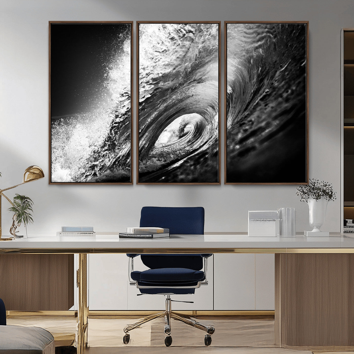 22702-MGV-CV-36X24-Black and White Ocean Wave Wall Art – Powerful Surf Curl Photography Canvas Print, Modern Coastal Decor for Living Room, Office or
