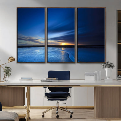 65405-MGV-CV-36X24-Blue Sunrise Seascape Wall Art – Tranquil Ocean Horizon Canvas Print with Golden Sunlight and Deep Sky, Coastal Landscape Decor