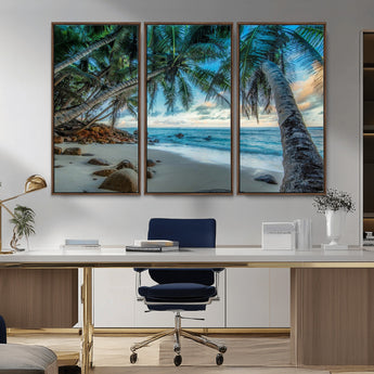 39679-MGV-CV-36X24-Tropical Palm Beach Wall Art – Serene Ocean Canvas Print with Palm Trees and Rocks, Coastal Paradise Decor for Living Room or