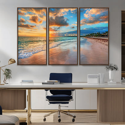 41572-MGV-CV-36X24-Sunset Beach Wall Art – Ocean Waves and Palm Trees Canvas Print, Tropical Coastal Sunset Seascape Decor for Living Room, Bedroom